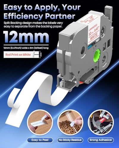TZe-232 TZ Tape 12mm 0.47 Laminated Red on White P Touch Label Tape | Replace for Brother Label Maker Tape TZe232 for Brother PTH110 PT-D210 D220 H103W 1180 1280 1750 Ptouch Refills, 5-Pack - color: Red on White