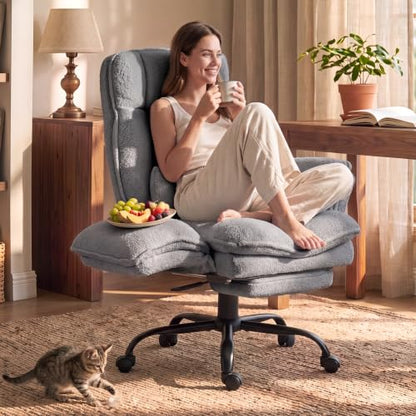 Wider Seat Office Chair with Flip Armrests for Criss Cross Legged&Cats, Big and Tall Executive Ergonomic Reclining Chair with Footrest&Lumbar Pillow, Teddy Fleece Desk Chair,Grey Vanity Chair - color: Grey