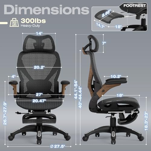 ELABEST X100 Ergonomic Mesh Office Chair with Footrest, Big and Tall Home Desk Chair with 5D Flip-Up Arms, Adjustable 3D Lumbar Support, Gaming & Executive Computer Chair (Library Oak) - color: Library Oak