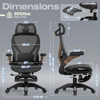ELABEST X100 Ergonomic Mesh Office Chair with Footrest, Big and Tall Home Desk Chair with 5D Flip-Up Arms, Adjustable 3D Lumbar Support, Gaming & Executive Computer Chair (Library Oak) - color: Library Oak