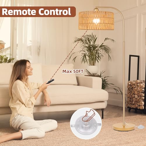 Gold Floor Lamps, Boho Floor Lamp for Room,Farmhouse Rattan Standing Lamps | Remote Control Rattan Standing Lamp with 9W Bulb, Adjustable 2-in-1 Lampshades, Arc Floor Lamp Over Couch - style: Cylinder-Gold