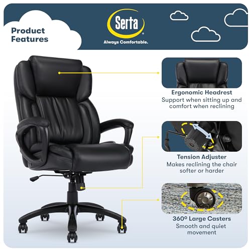 Serta Ergonomic Executive Office Chair with Lumbar Support, Leather Chair | Garret, Back Pain Relief, Foam Seat Cushion, Padded Arms, Adjustable Height and Tilt, Office Chair with Wheels, Space Black - color: Space Black