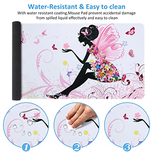 iCasso Extended Gaming Mouse Pad 35.4x15.7in,Game,Home,Butterfly Girl | Non-Slip Rubber Base Mousepad with Stitched Edges,Waterproof Keyboard Mouse Mat Desk Pad for Work Office - color: Butterfly Girl