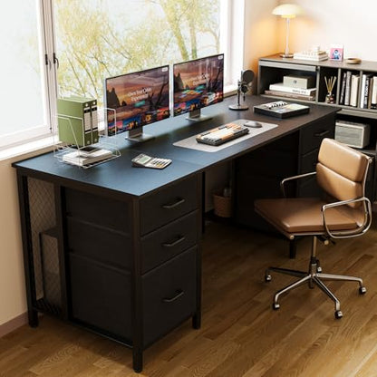 ODK 63 inch Computer Desk with 6 Fabric Drawers, Home Office Desk | Black Desk with File Drawers Cabinet with Large Storage for Home Office, Study, Gaming - color: Black