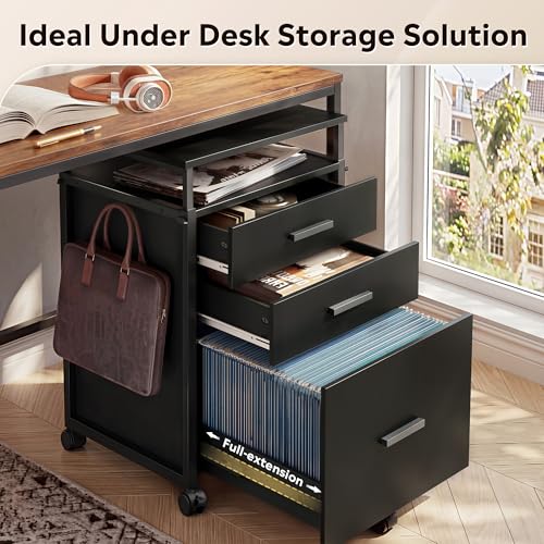 DEVAISE 3 Drawer Vertical File Cabinet | Rolling Wooden Filing Cabinet Mobile Printer Stand for Home Office, 15.7" D x 17.7" W x 40.3" H - color: Black, size: 15.7"D X 17.7"W X 40.3"H (Adjustable)