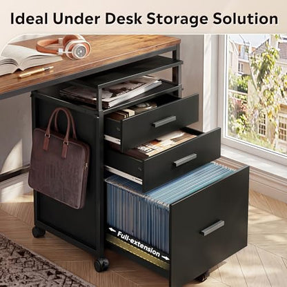 DEVAISE 3 Drawer Vertical File Cabinet | Rolling Wooden Filing Cabinet Mobile Printer Stand for Home Office, 15.7" D x 17.7" W x 40.3" H - color: Black, size: 15.7"D X 17.7"W X 40.3"H (Adjustable)