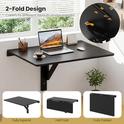 GIANTEX Wall-Mounted Folding Desk, Wooden Floating Laptop Table with Drop Leaf Design, Space-Saving Foldable Wall Desk for Study, Bedroom, Living Room, Laundry (Black) - color: Black