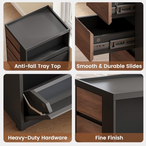 Mobile File Cabinet Under Desk with 3 Drawer, Office Storage Cabinet | Rolling Wood Printer Stand w/ Unique Side Shelf for Binders, Large Capacity Organizer for Home Office