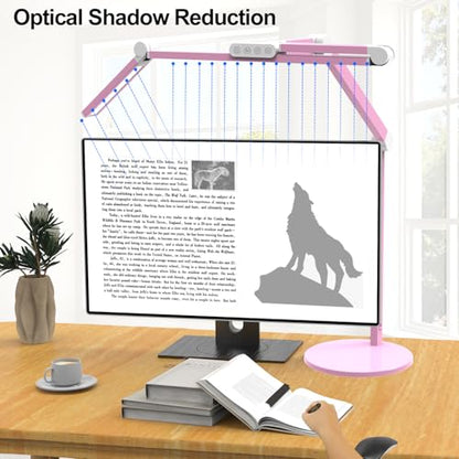 Micomlan Led Desk Lamp with Base, Adjustable Tall Architect Desk Light for Home Office with Flexible Swing Arm, 24W Pink Bright Table Lamp Auto Dimming Computer Light for Workbench - color: Pink