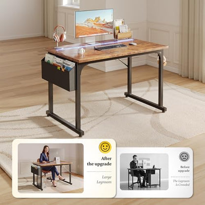 DurayLoly 40" Computer Desk with Waterproof LED Lights for Bedroom,Brown - color: Rustic Brown, size: 40 IN