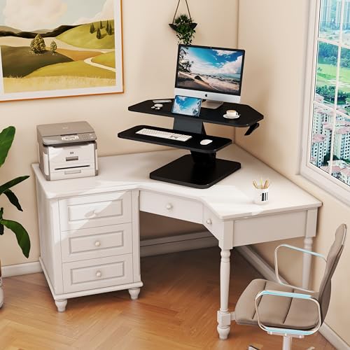 32 inch Corner Standing Desk Converter, Height Adjustable Sit Stand Desk Riser with Keyboard Tray, Black, GSD76