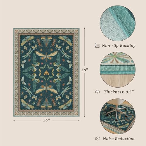 3'x4' Teal Office Chair Mat for Hardwood Floors, Insect Boho Design,Non-Slip Low Pile Desk Rug, 36"x48" Small Area Rug for Computer Desk Home Office, Machine Washable WFH Essential for Dorm Room - color: Insect - Teal, size: 3' x 4'