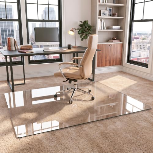 48"x72" Tempered Glass Office Chair Mat for Carpet & Hardwood Floor | 1/5" Thick Clear Floor Protector Desk Chair Mat with Rounded and Polished Edges, Resist Scratching, Cracking, Curling - size: 48"x72"