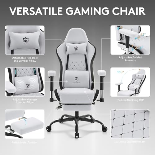 Gaming Chair,Office Chair with Footrest,Massage,Grey Black | Breathable Fabric,Gel Pad,Ergonomic,Spring Cushion,High Back,2D Adjustable Arms,Reclining,Lumbar Support,Headrest,Gamer Chair - color: Grey Black