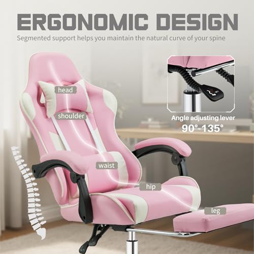 DUMOS Ergonomic Gaming Chair with Footrest, Home Office Desk Chair | PU Leather, Headrest, Linkage Armrests, Height Adjustable, 360 Swivel Reclining, White Pink - color: White Pink, size: PU Leather 27"D x 25"W x 52"H