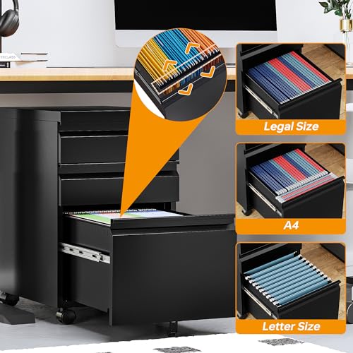 STANI 25" H 3 Drawer Mobile File Cabinet with Lock, Under Desk Metal Filing Cabinet, Locking Office Mobile Cabinet with Wheels, Letters/Legal/A4(Assembly Required Black) - color: Black, size: 3 Drawers-Assembly Required