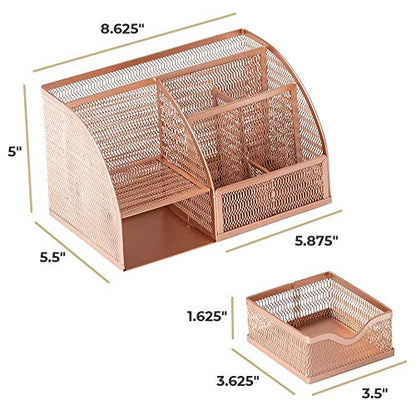 BLU MONACO Rose Gold Mesh Metal Desk Organizer with Drawer – 6 Compartments for Office Supplies & Accessories - color: Rose Gold