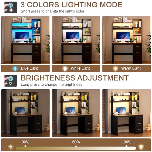 40” Home Office Desk with Hutch and Drawers, Black | Modern Computer Desk with Adjustable LED Light and Charging Station, Storage Shelves, Writing Table for Bedroom Study Room - color: Black+brown