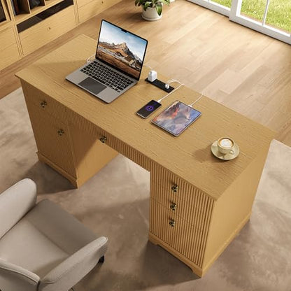 59" Executive Desk with Charging Station and 5 Drawers, Large Writing Study Table Computer Desk with Fluted Panel and Storage Cabinet with Adjustable Shelf, for Home Office Living Room and Study Room