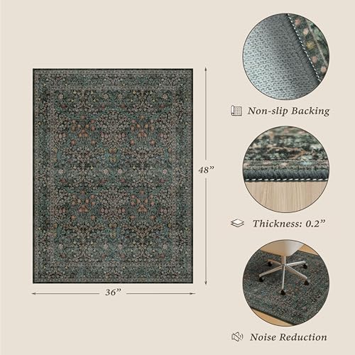 Vintage Floral Dark Green Office Chair Mat for Hardwood & Tile Floor, 3x4 Non-Slip Ultra Soft Low Pile Under Desk Rug, Floor Protector for Heavy Duty Office Chair, Stain Resistant, Easy to Clean - color: Forest - Dark Green, size: 3' x 4'