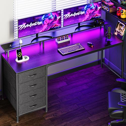 Huuger 63 Inch Computer Desk with Power Outlets and LED Lights, Gaming Desk with 4 Drawers, Office Desk with Monitor Stand, Study Desk Work Desk for Home Office, Black - color: Black, size: 63 INCH