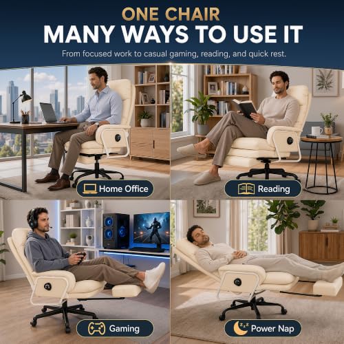 180° Reclining Office Chair with Footrest, PU Leather, Beige - color: Beige
