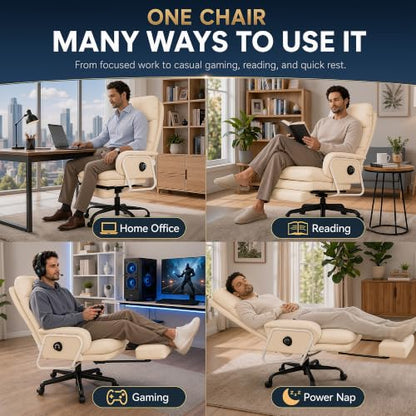180° Reclining Office Chair with Footrest, PU Leather, Beige - color: Beige