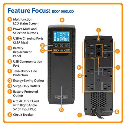 Eaton Tripp Lite ECO1000LCD 1000VA UPS 600W Battery Backup Surge Protector - style: 1000VA / LCD Screen