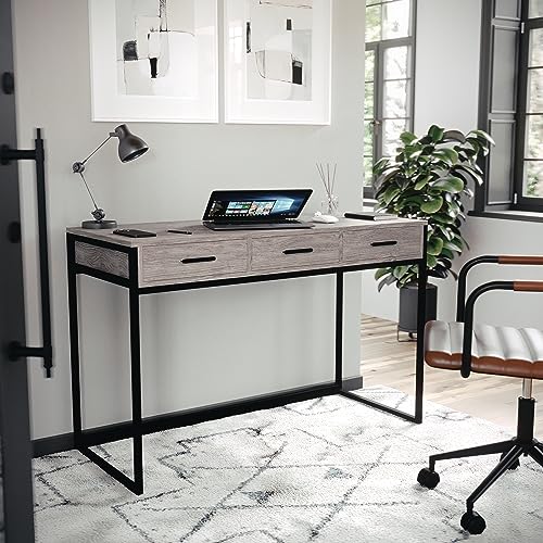 Martha Stewart Ollie Home Office Desk with 3 Drawers in Gray Wood Grain with Oil Rubbed Bronze Hardware - color: Gray Top/Oil Rubbed Bronze Frame