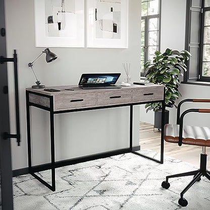 Martha Stewart Ollie Home Office Desk with 3 Drawers in Gray Wood Grain with Oil Rubbed Bronze Hardware - color: Gray Top/Oil Rubbed Bronze Frame