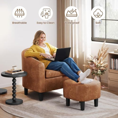 Yaheetech Accent Chairs with Ottoman, Faux Leather Barrel Chairs, Brown - color: Brown, size: Chair:25.5x 27.5 x 28''H Ottoman:18x 18.7x 15.7''H