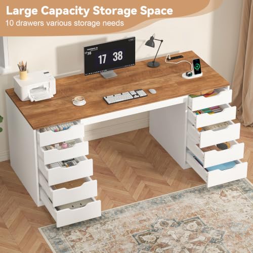 YOMILUVE 55 Inch Computer Desk with 10 Drawers and Outlets for Home Office - color: Brown and White, size: 55inch-10drawers