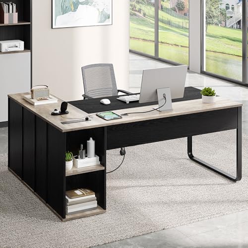 YITAHOME Executive Desk with Power Outlets | Power Outlets, File Cabinet, Drawers & Storage Shelves, Corner Office Desk with Bookshelf, For Home Office