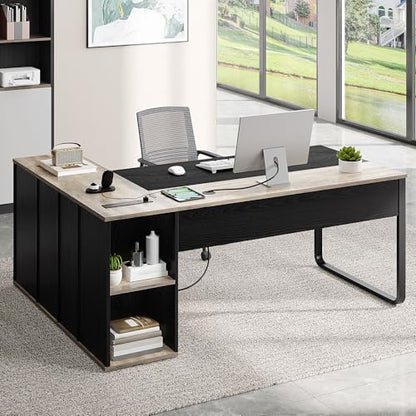 YITAHOME Executive Desk with Power Outlets | Power Outlets, File Cabinet, Drawers & Storage Shelves, Corner Office Desk with Bookshelf, For Home Office
