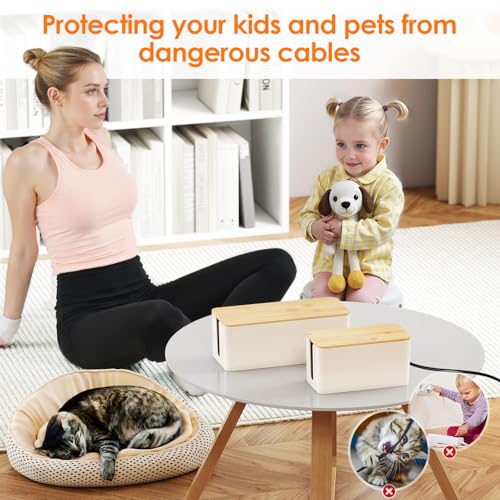 Delamu 2 Pack Cable Management Box Wooden, Wood Box with Lid Safe ABS Cord Hider Box Medium and Small Cable Organizers for Cords, Cable Raceways Power Strip Cover Box Baby Pet Proof for Home Office