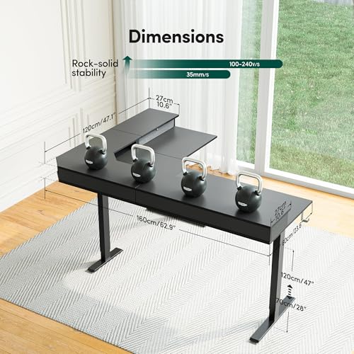 FEZIBO L Shaped Electric Standing Desk, 63 x48 inch Large with Drawers | Reversible Tabletop, 2 Memory Height Settings | Home Office & Gaming Height-Adjustable Table, Black Top/Black Frame（2 packages） - color: Black, size: 63"x48"