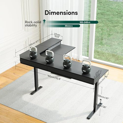 FEZIBO L Shaped Electric Standing Desk, 63 x48 inch Large with Drawers | Reversible Tabletop, 2 Memory Height Settings | Home Office & Gaming Height-Adjustable Table, Black Top/Black Frame（2 packages） - color: Black, size: 63"x48"