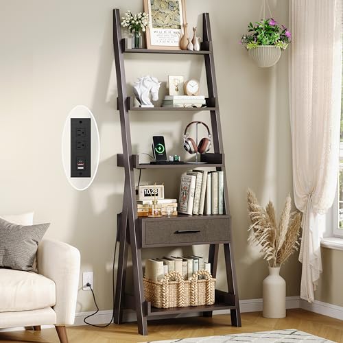 Ladder Shelf, 5 Tier Bookshelf with Fabric Drawer, Power Outlets, Espresso | 70" Industrial Leaning Bookshelf with USB Fast Charging, Wooden Book Shelf for Bedroom Living Room Home Office, Space Saving
