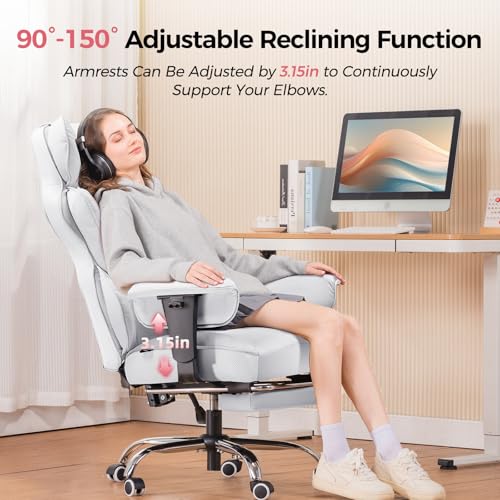 GTPLAYER Big and Tall Gaming Chair 400lbs Heavy Duty Office Chair with Foot Rest & Ergonomic Pocket Spring Lumbar Support, High Back 3D Saddle Shaped Cushion for Back Pain Relief, White - color: White