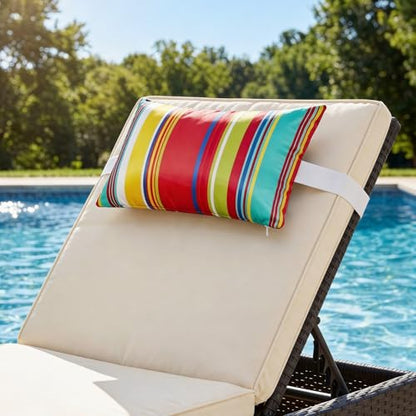 Striped Outdoor Chaise Lounge Head Pillow 11"x16" Set of 2 | Waterproof Headrest Pillows with Insert Adjustable Elastic Strap, Lounge Head Resting Pillow for Recliner Beach Patio Pool - color: Colorful Striped
