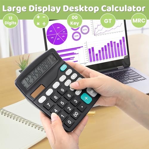 Noamus 8 Pack Desktop Calculator 12 Digit, Solar Battery Basic Calculators, Dual Power Electronic Calculators with Large LCD Display, Sensitive Button Handheld Calculator for Office Home School, Black