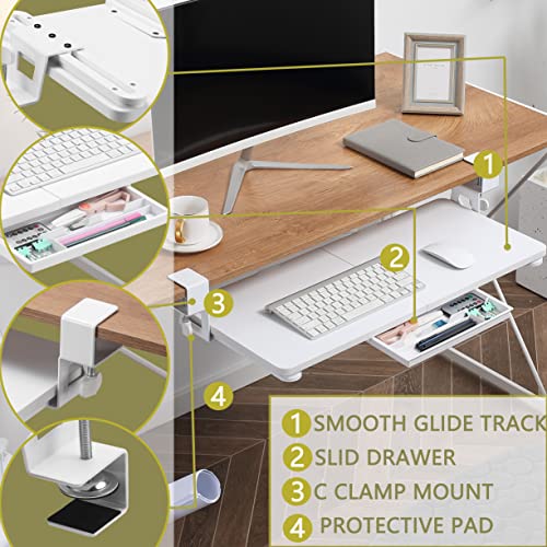 ETHU Small Keyboard Tray Under Desk with C-Clamp, 19.7x11.81", White - color: White