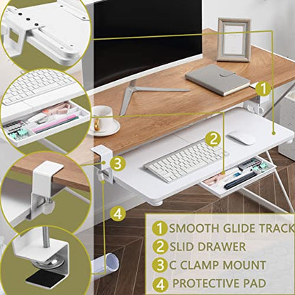 ETHU Small Keyboard Tray Under Desk with C-Clamp, 19.7x11.81", White - color: White