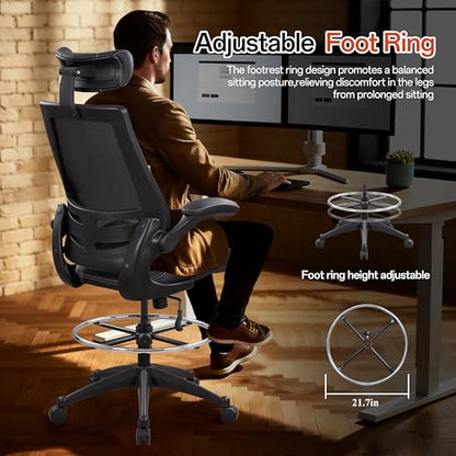 BOLISS Leather Drafting Chair Ergonomic Tall Office Chair - color: Black Leather Mesh Back, size: BLS-2818HD
