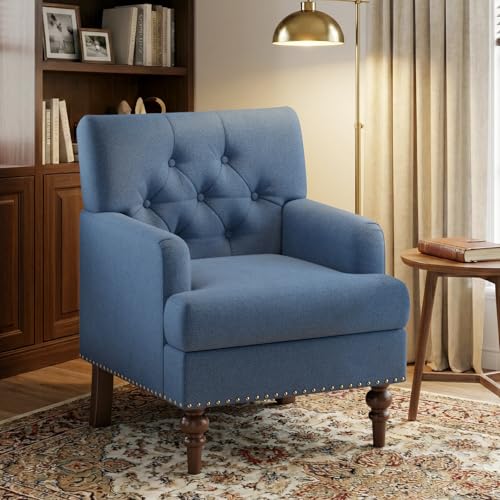 MALOL Modern Accent Chair for Living Room, Comfy Bedroom Reading Armchair, Upholstered Single Sofa Chair with Thick Cushion &Wood Legs for Small Spaces, Blue - color: Blue, size: Set of 1