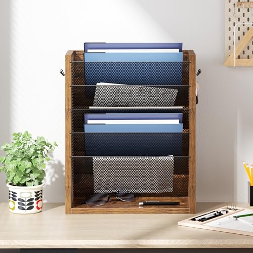 Mail Organizer Wall Mounted, 6-Slot Hanging File Organizer with Key Holder - color: Rustic Brown （wall Mount）