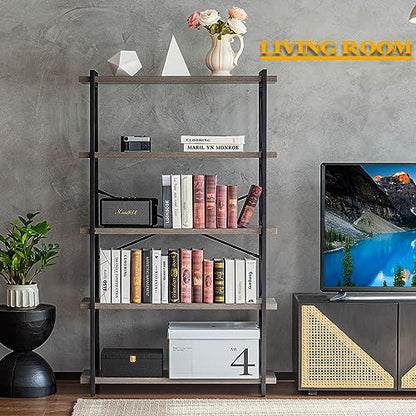 HCHQHS Bookshelf, 5-Tier Industrial Bookcase, Rustic Open Book Shelf, Freestanding Tall Bookshelves with Metal Frame - color: Grey, size: 5-Tier (35.8"W x 65.7"H)