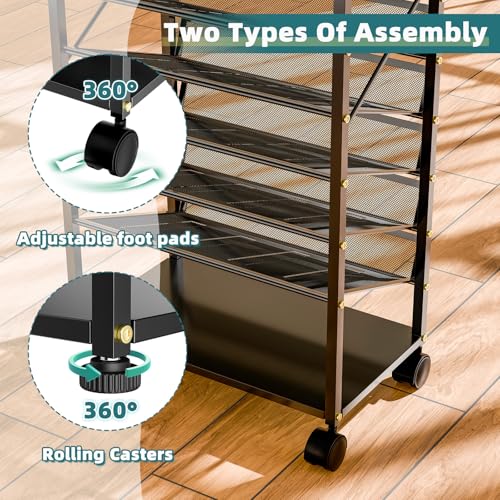 Ekisemio 15 Tier Rolling File Cart, Sturdy and Durable Desk File Organizer with Metal Mesh Letter Tray, Heavy-Duty Rolling Clutter Cart for Office, Home, School, Black