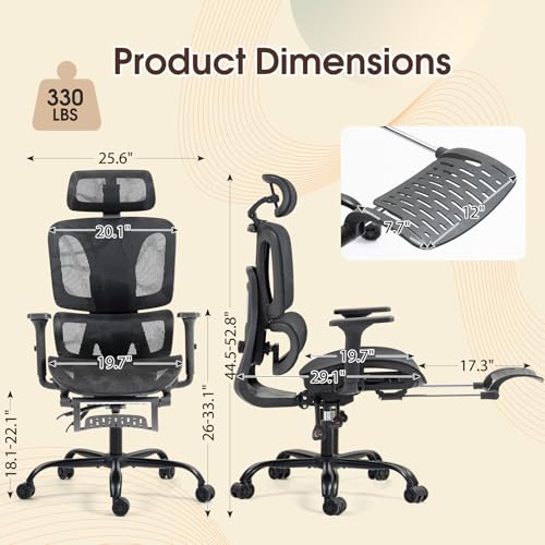 Black Ergonomic High Back Mesh Office Chair with Footrest | Adjustable Lumbar Support, Headrest, 360° Swivel, Reclining, Rolling Casters, Sturdy Base, for Home Office & Gaming - color: Black, style: Upgrade w/ footrest