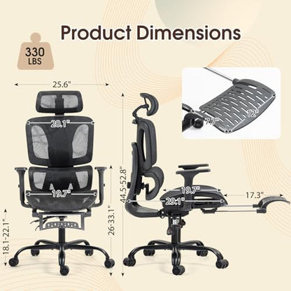 Black Ergonomic High Back Mesh Office Chair with Footrest | Adjustable Lumbar Support, Headrest, 360° Swivel, Reclining, Rolling Casters, Sturdy Base, for Home Office & Gaming - color: Black, style: Upgrade w/ footrest